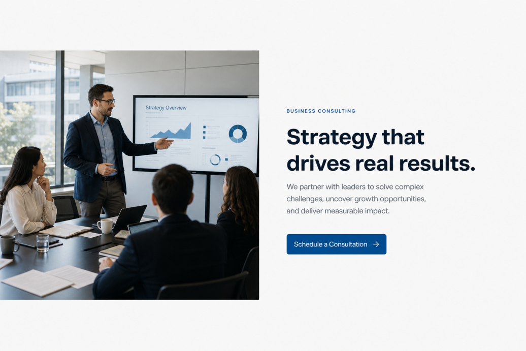 Business consulting meeting with a consultant presenting strategy to a client team