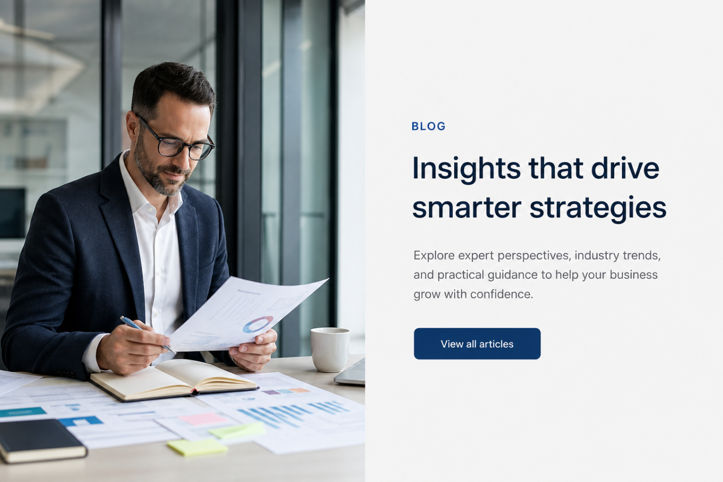 Consultant reviewing strategic planning documents in a modern office