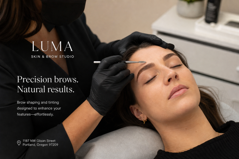 Close-up of precise brow shaping and tinting with natural-looking results