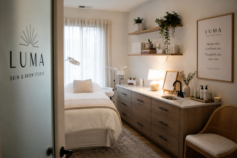 Calm and polished beauty studio interior with clean treatment space
