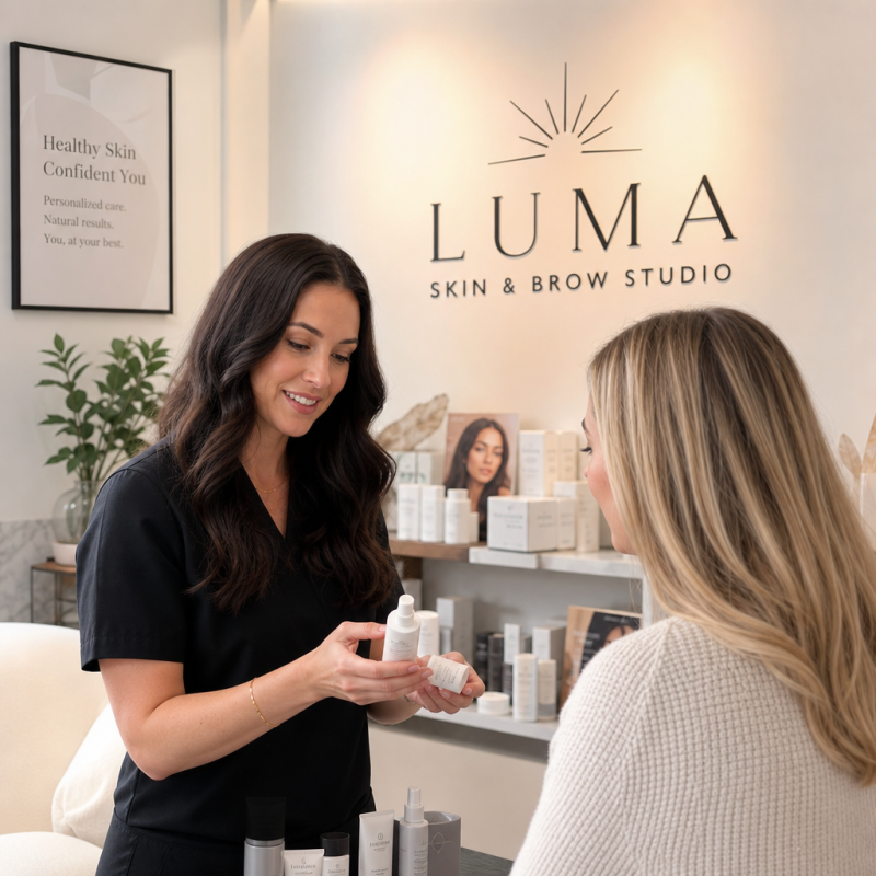 Licensed esthetician consulting with a client about skincare and brow care