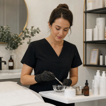 Professional esthetician preparing skincare tools for a treatment