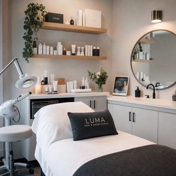 Clean and serene treatment room with neatly arranged beauty products