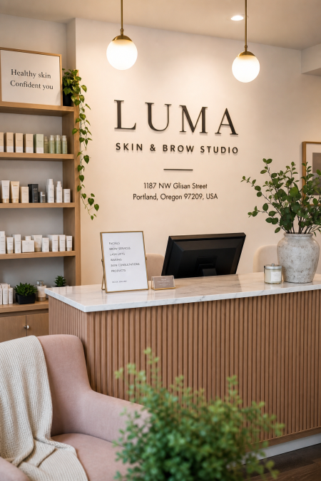 Welcoming front area of a neighborhood skincare and brow studio