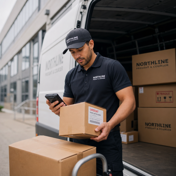 Courier driver preparing urgent same-day business deliveries