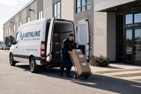Last-mile delivery vehicle arriving with commercial packages