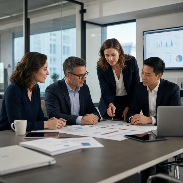 Consulting team collaborating in a professional office environment