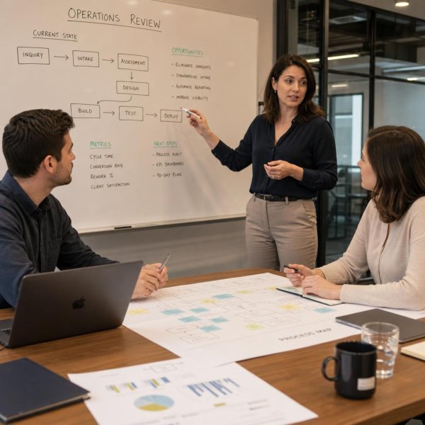 Operations review session with process mapping materials