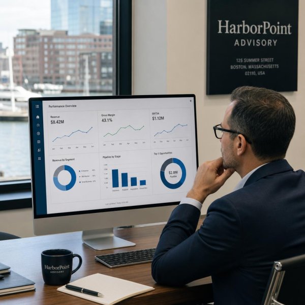 Executive dashboard and KPI reporting on a professional workspace