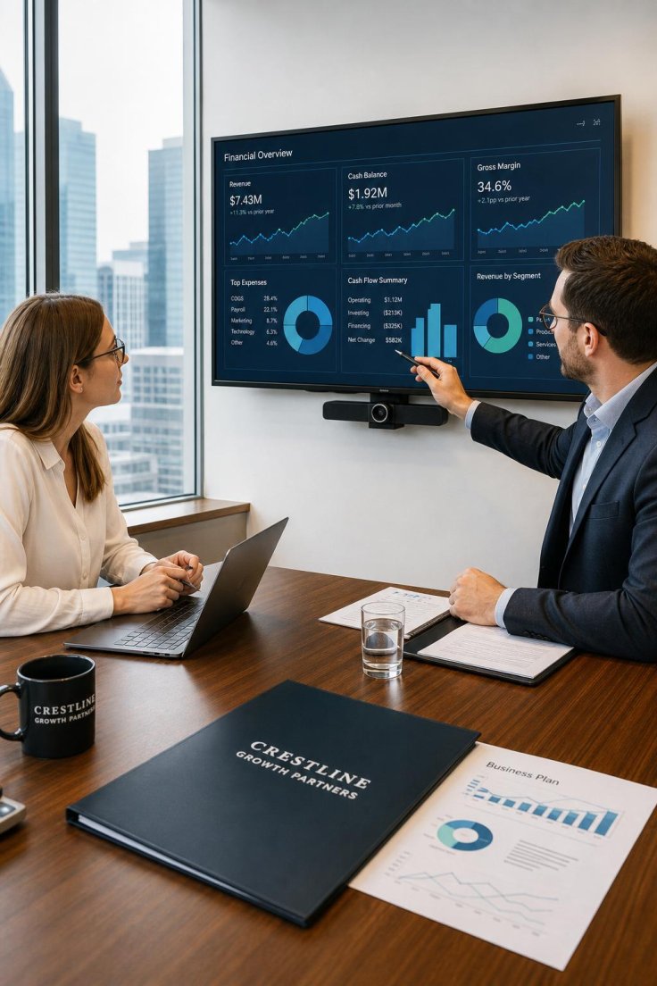 Analytics dashboard and business planning discussion in an office setting