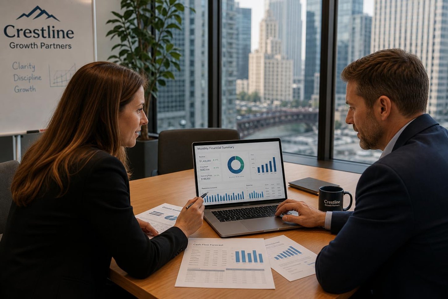 Business leaders reviewing monthly financial dashboard and reports