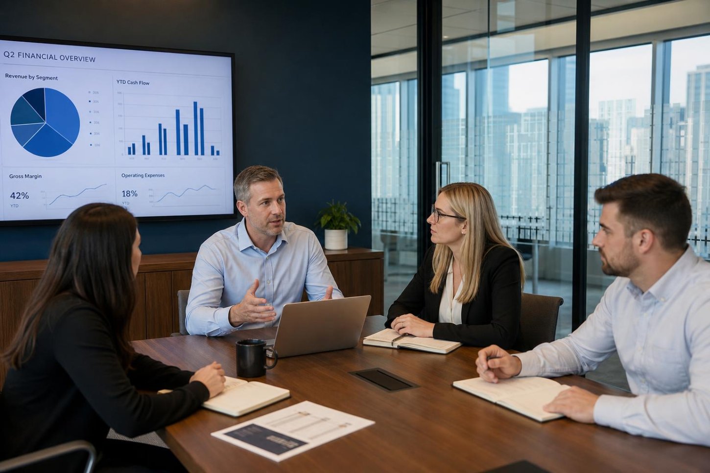 Operations and finance team discussing process improvements at a conference table