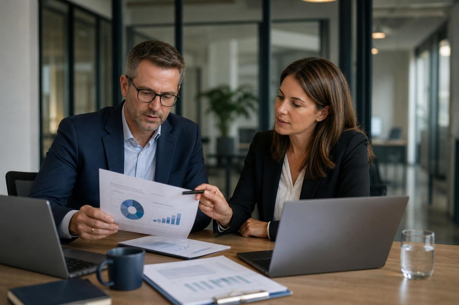 Business advisors reviewing financial reports and dashboards in a modern office