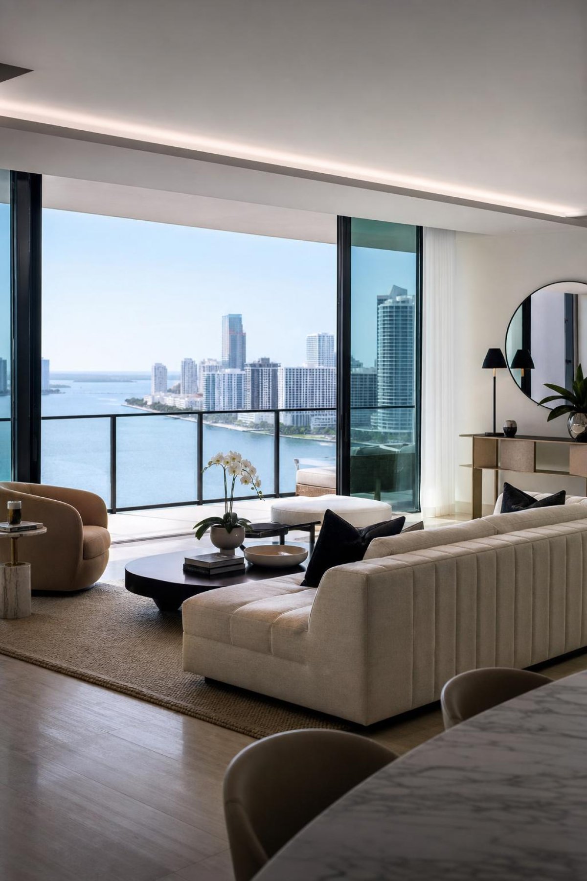 Editorial luxury residence in Miami with refined interiors and skyline or waterfront views