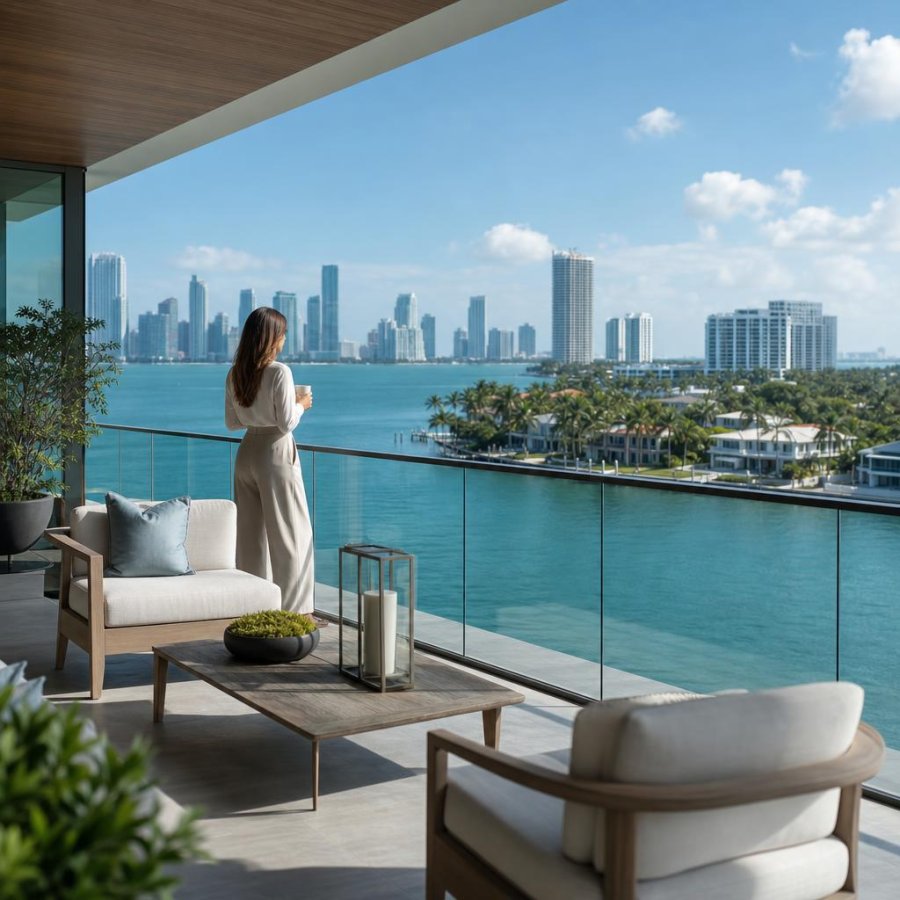Elegant Miami waterfront residential lifestyle scene with terrace and bay views