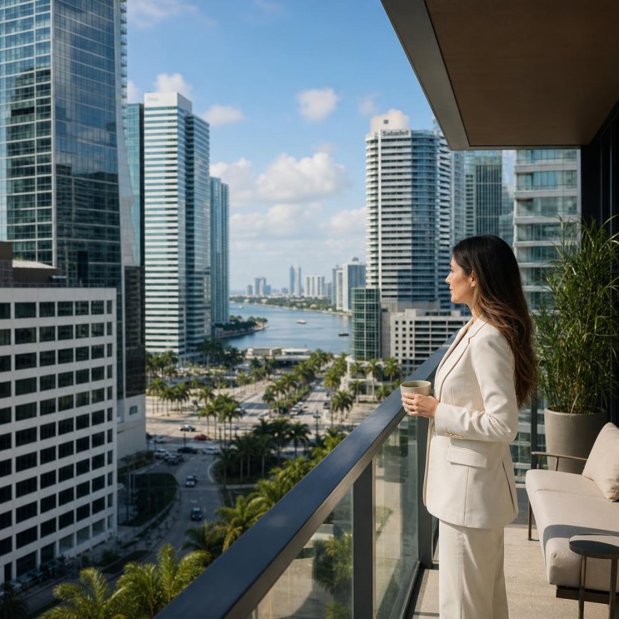 Architectural luxury high-rise setting in Miami with sophisticated urban atmosphere