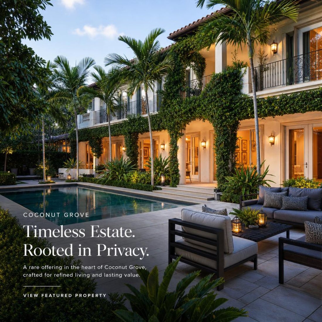 Featured Coconut Grove estate with lush landscaping and private outdoor living