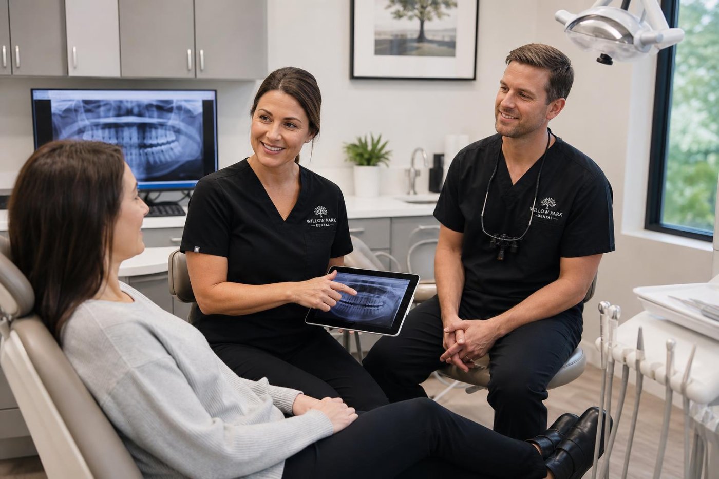 Welcoming dental team speaking with a patient in a bright modern clinic treatment room