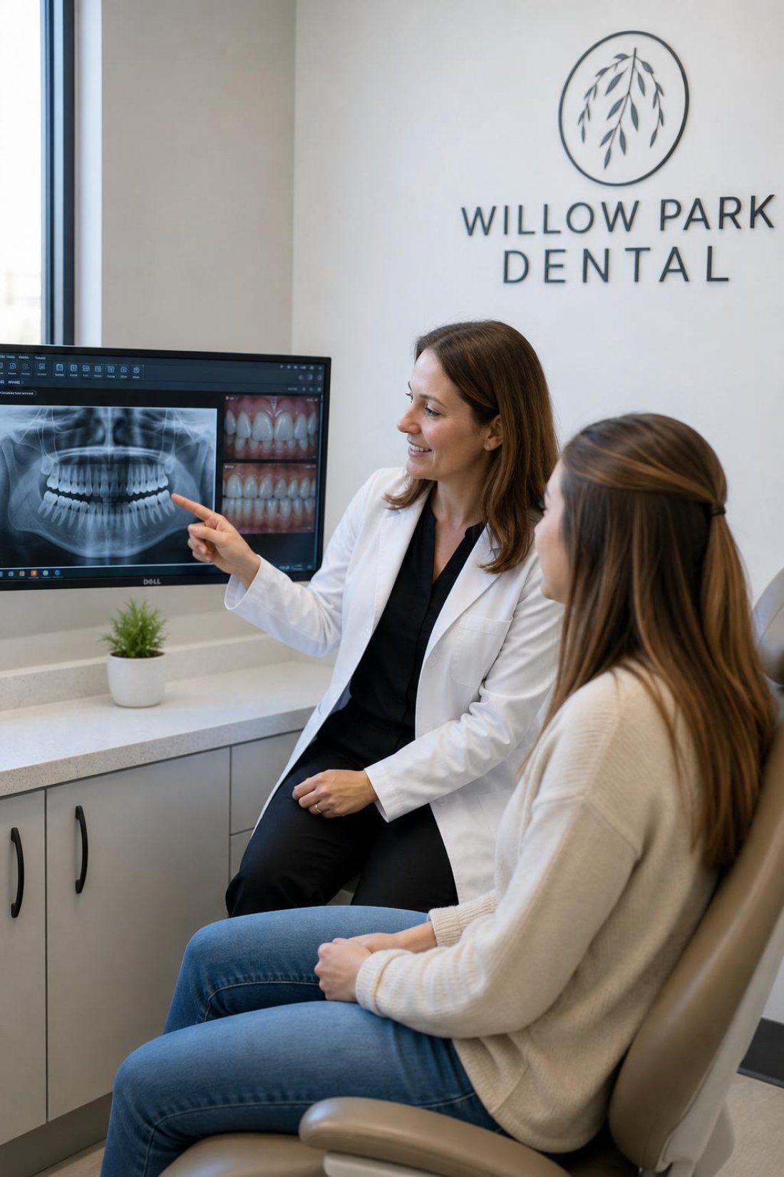 Dentist reviewing digital dental images with a patient during a calm treatment planning consultation