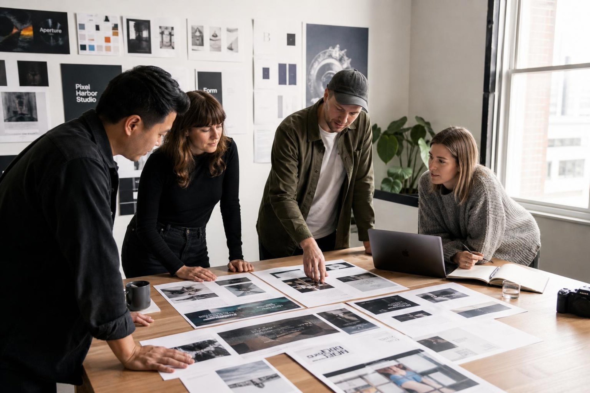 Creative digital studio team reviewing brand and website concepts in a bright modern workspace