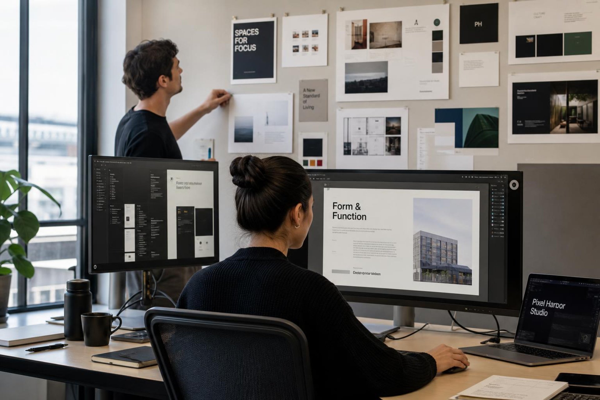 Design-led studio workspace with screens showing website layouts, brand systems, and product interfaces