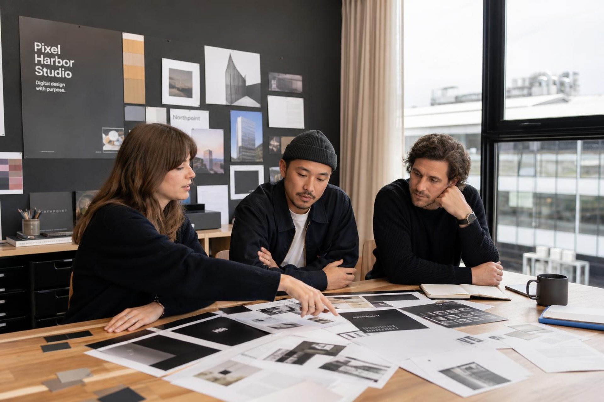 Creative team collaborating on launch assets and digital design in a polished commercial studio setting