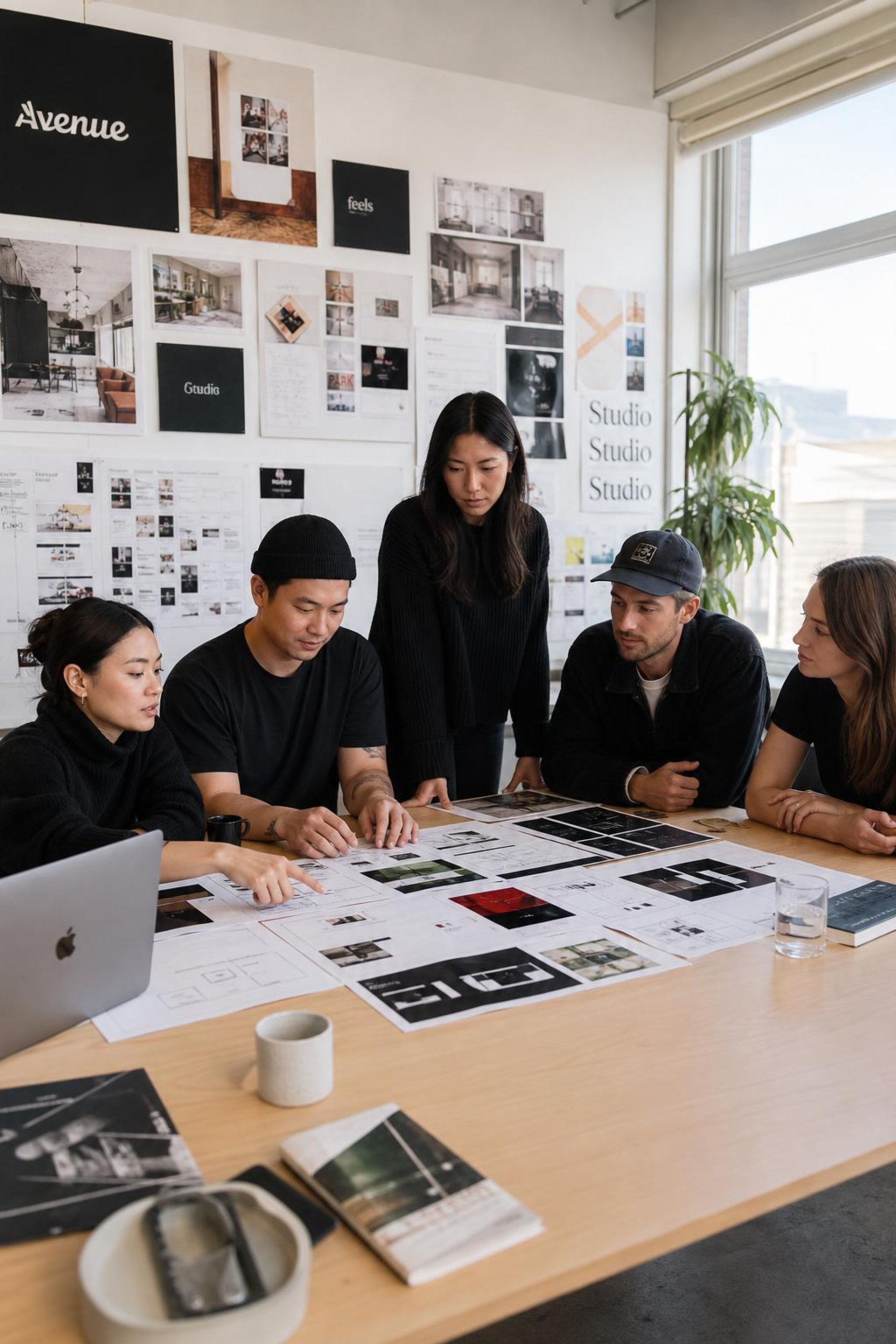 Creative studio team in a collaborative meeting reviewing brand boards and website wireframes