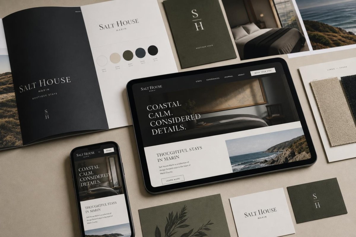Boutique hospitality brand website and identity presentation in a refined project showcase scene