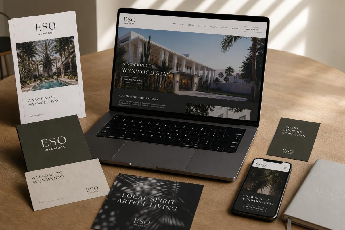 Close-up view of hospitality brand launch assets and website details showing polished design results