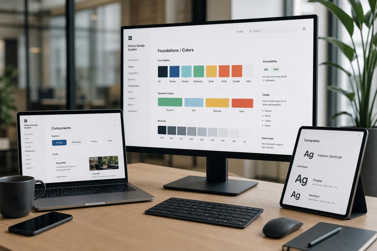 Product team design system and interface work displayed across modern digital screens