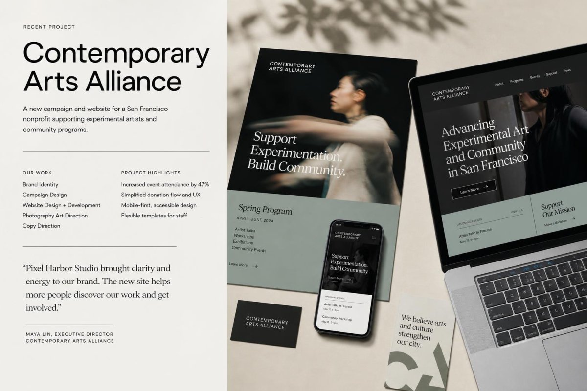 Campaign design details and accessible website elements for a cultural organization project