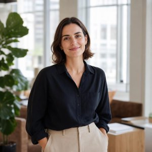 Portrait of a happy client in a bright workplace setting
