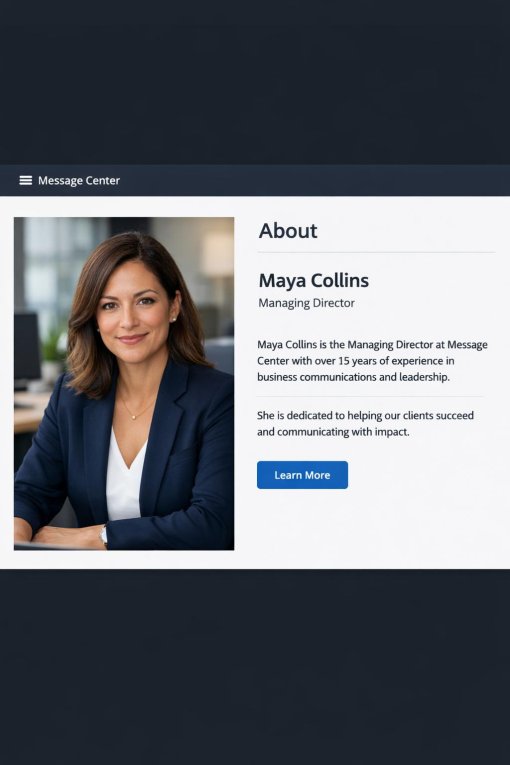 Professional portrait of Maya Collins, Managing Director at Message Center