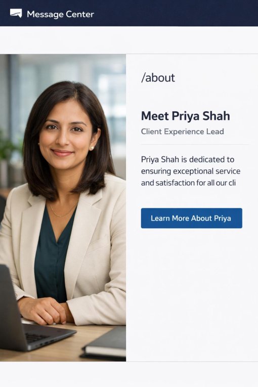 Professional portrait of Priya Shah, Client Experience lead at Message Center