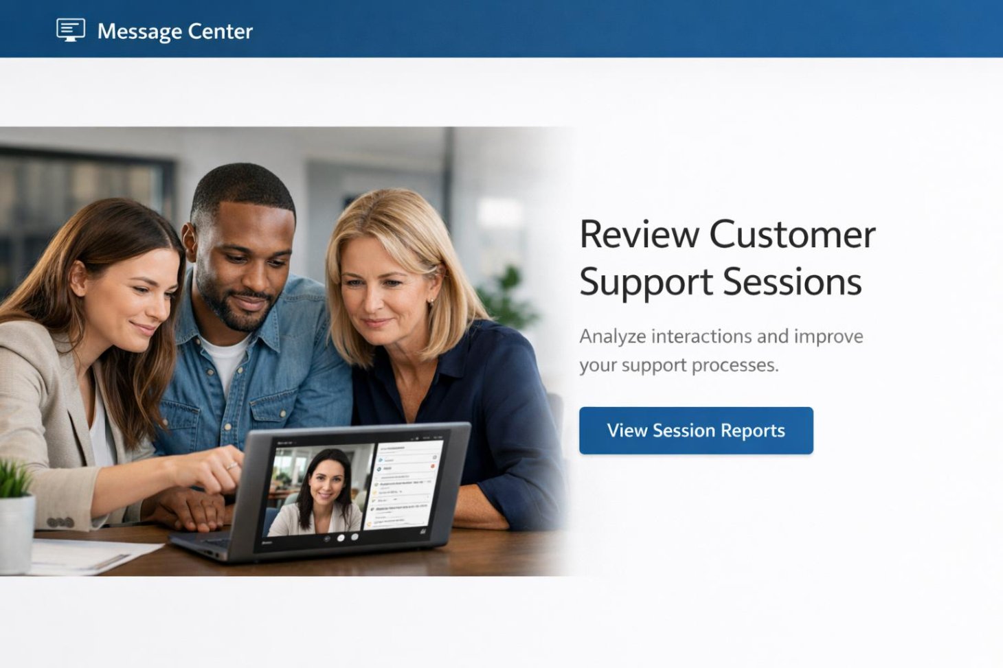 Professional team reviewing a customer support session on a laptop