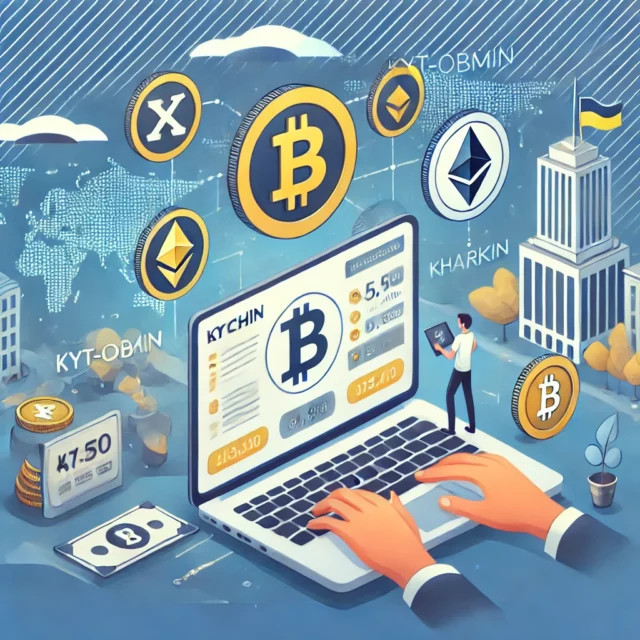 DALL·E 2025-02-19 09.40.54 - An illustration of a professional cryptocurrency exchange service. A person is using a laptop to exchange cryptocurrencies on the Kyt-Obmin platform.