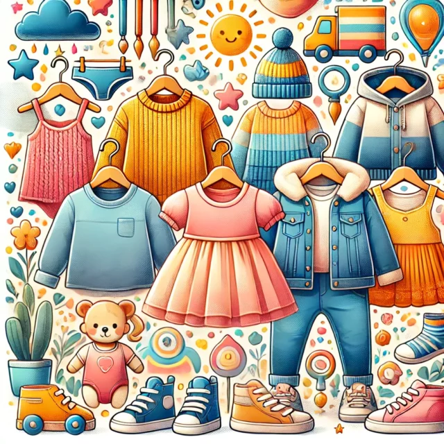 DALL·E 2025-02-28 14.49.22 - A bright and cheerful illustration showcasing children's clothing with a focus on comfort, quality, and style. The image features a collection of styl