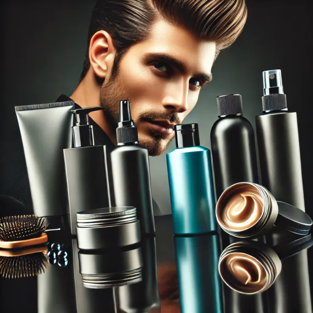 DALL·E 2025-03-03 09.04.54 - A stylish and modern composition showcasing men's hair care products. The image includes high-quality shampoo, conditioner, pomade, wax, and hair spra