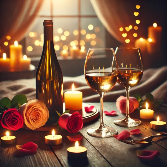 DALL·E 2025-01-29 14.39.48 - A romantic setting featuring a bottle of fine wine and two elegant glasses on a candlelit table. The scene includes soft, warm lighting, rose petals s
