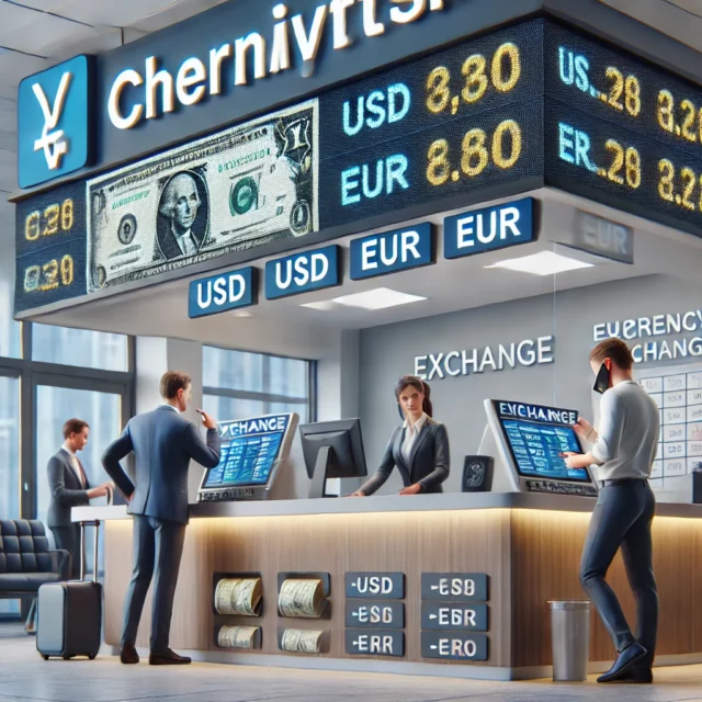 DALL·E 2025-02-20 21.30.43 - A realistic digital illustration of a currency exchange scene in Chernivtsi. A modern exchange office with a digital board displaying current exchange