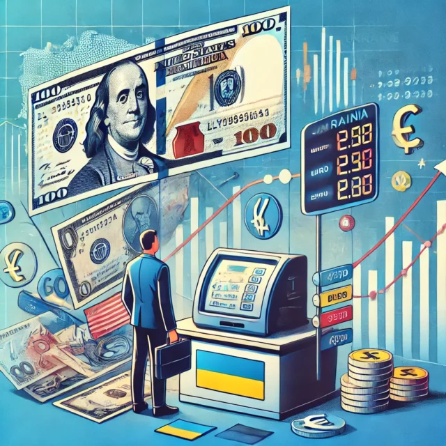 DALL·E 2025-02-21 11.36.51 - An illustrative image showing currency exchange in Ukraine. The image includes elements like Ukrainian hryvnia, dollar, and euro bills. A person is se