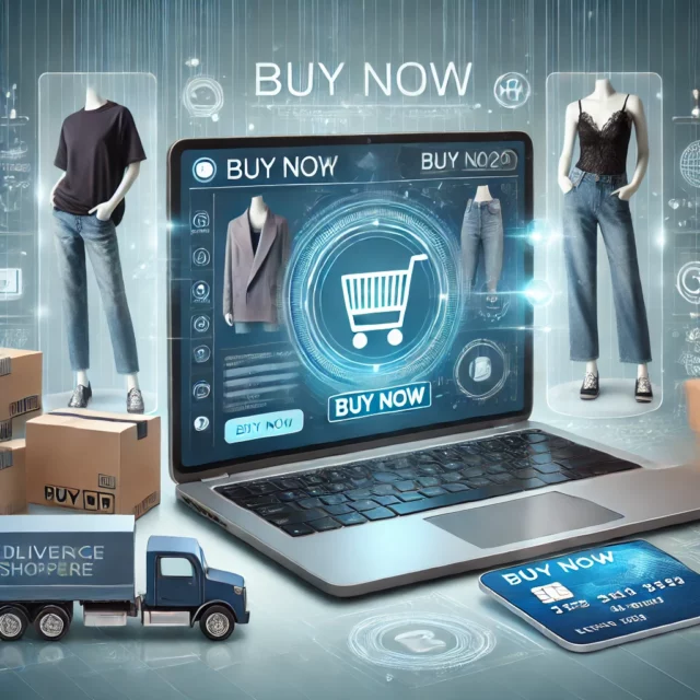 DALL·E 2025-02-28 14.34.19 - A modern online clothing store concept. A sleek laptop screen displays an e-commerce website with stylish clothes, a shopping cart, and a 'Buy Now' bu