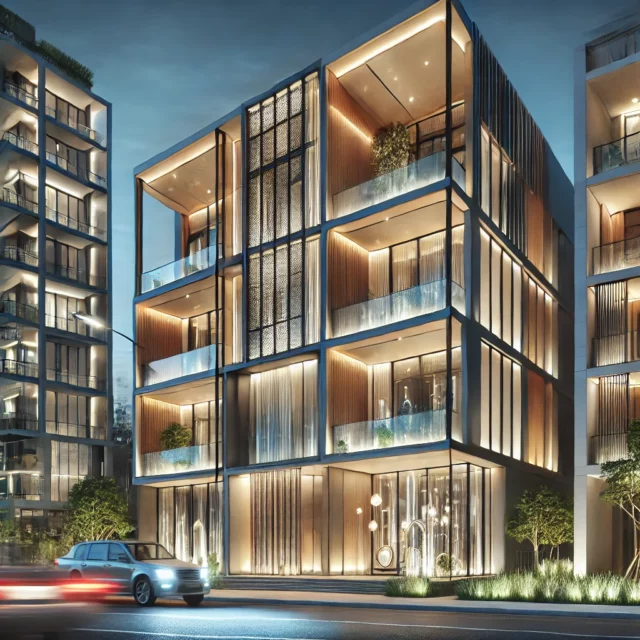 DALL·E 2025-03-11 02.58.01 - A stylish and modern building facade with intricate architectural details. The exterior design features a combination of glass, wood, and concrete, wi