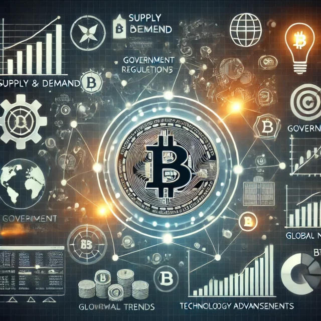 DALL·E 2025-01-22 19.05.15 - An illustrative representation of factors influencing cryptocurrency prices. The image features a digital coin (like Bitcoin) at the center surrounded