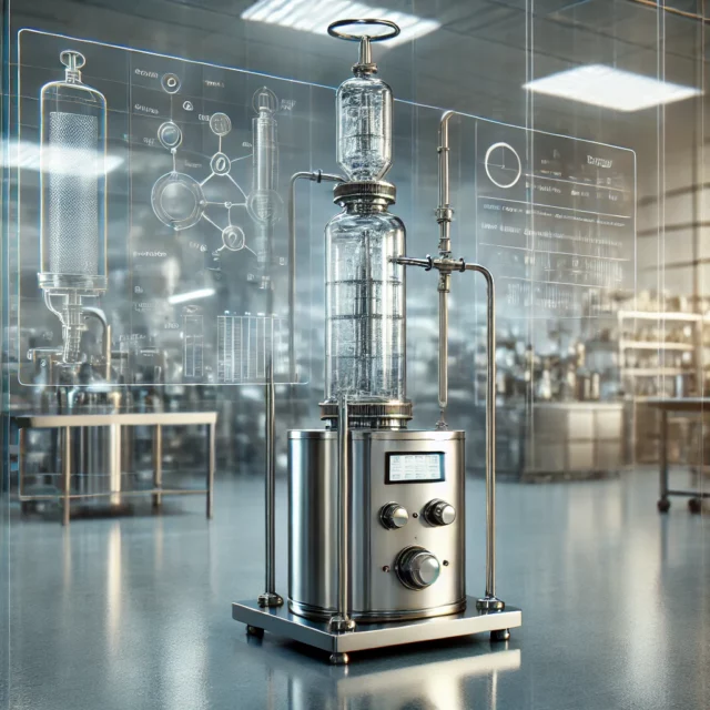 DALL·E 2025-01-29 13.15.04 - An image illustrating a modern rectification column used for high-purity alcohol distillation. The scene features a sleek stainless steel distillation