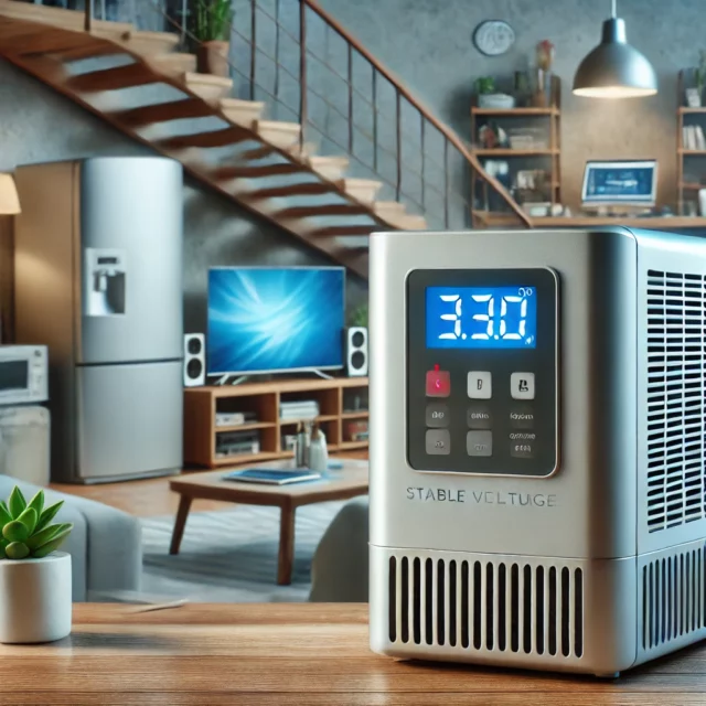 DALL·E 2025-03-07 12.32.15 - A modern voltage stabilizer placed indoors on a table, with a digital display showing stable voltage output. In the background, a home environment wit