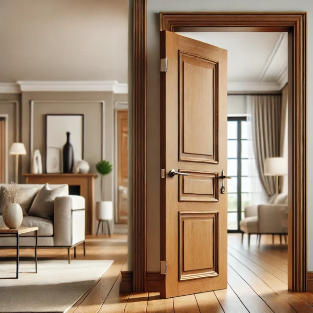 DALL·E 2025-03-08 01.59.44 - A modern interior with stylish wooden interroom doors installed in a cozy home setting. The doors have elegant handles and a smooth finish. A bright,