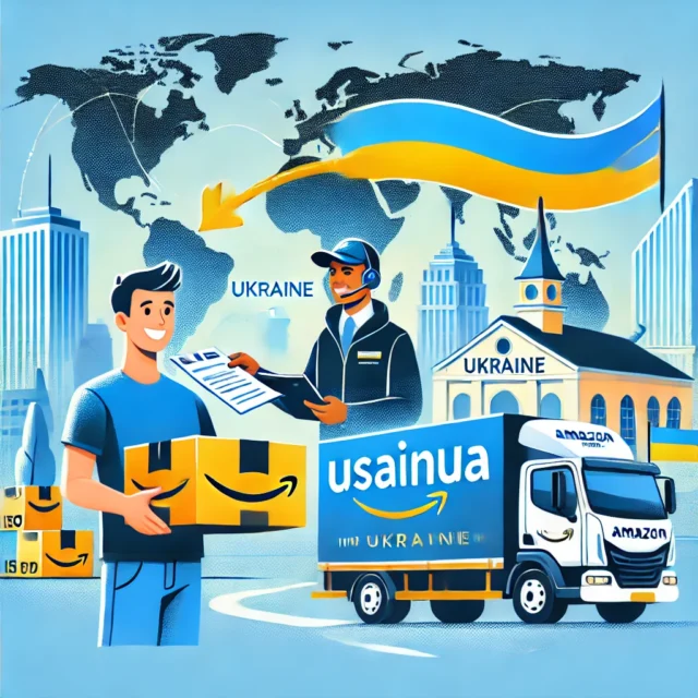DALL·E 2025-03-14 12.11.58 - A dynamic and visually engaging illustration showcasing Amazon delivery to Ukraine via USAinUA. The image features a smiling customer receiving an Ama