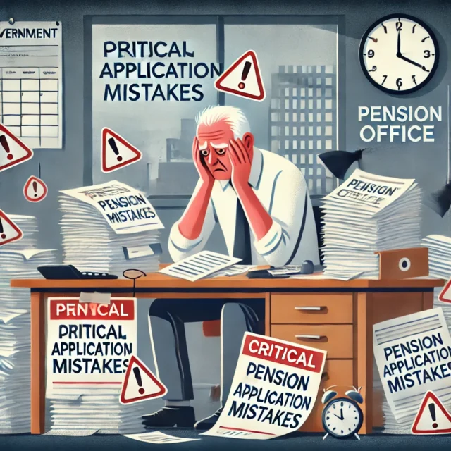 DALL·E 2025-03-24 12.06.00 - An illustration representing pension application mistakes. A stressed elderly person sitting at a desk, looking at a pile of confusing paperwork, with