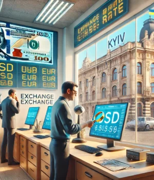 DALL·E 2025-03-25 04.32.02 - A modern and trustworthy currency exchange office in Kyiv, Ukraine. The office is clean and bright with people checking banknotes for authenticity usi